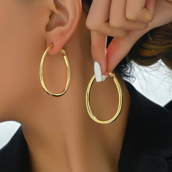 14K Gold Womens Large Oval Hoop Earrings 14 Karat Silver Hoops Ladies Jewelry - Picture 5 of 7